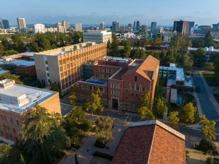 Aerial view of an American university campus with brick and modern buildings