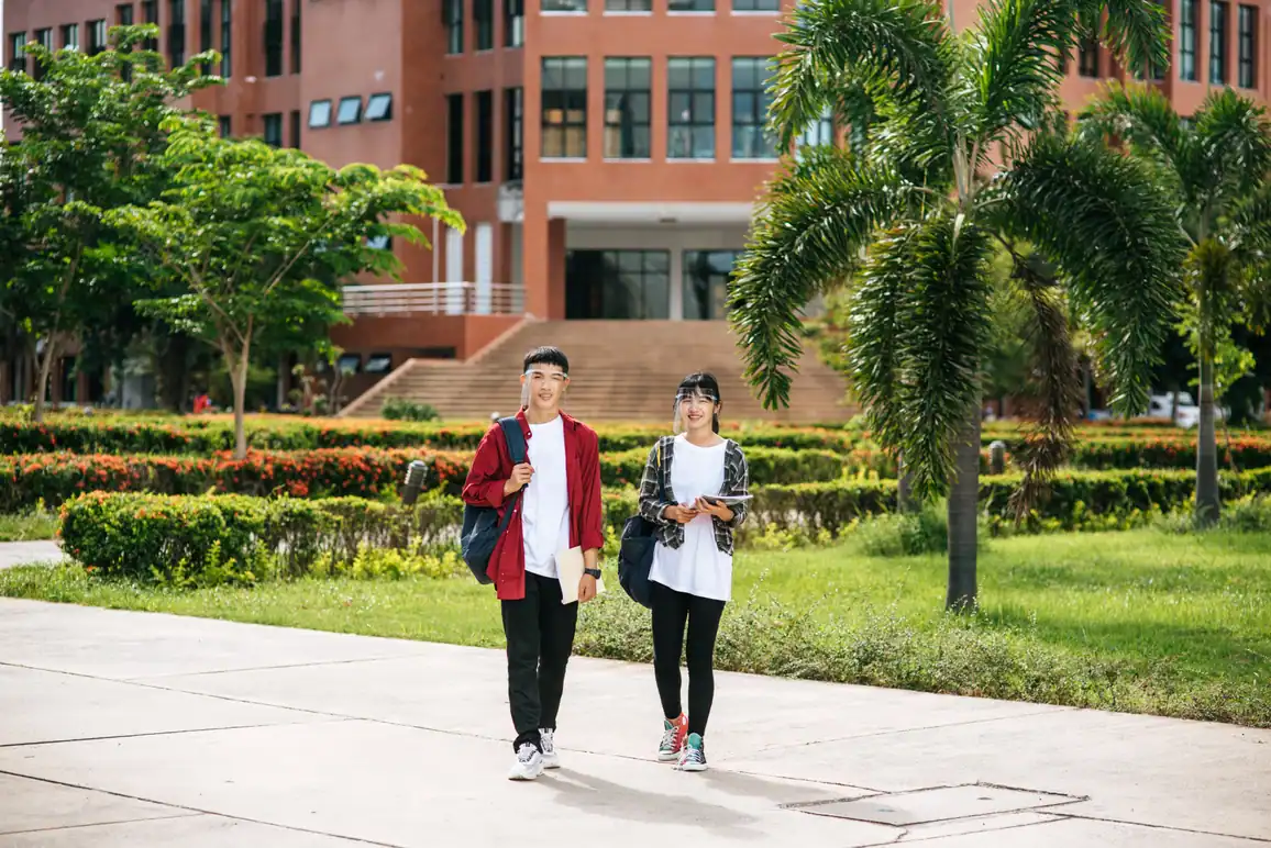 Two students walking past palm trees on a college campus
