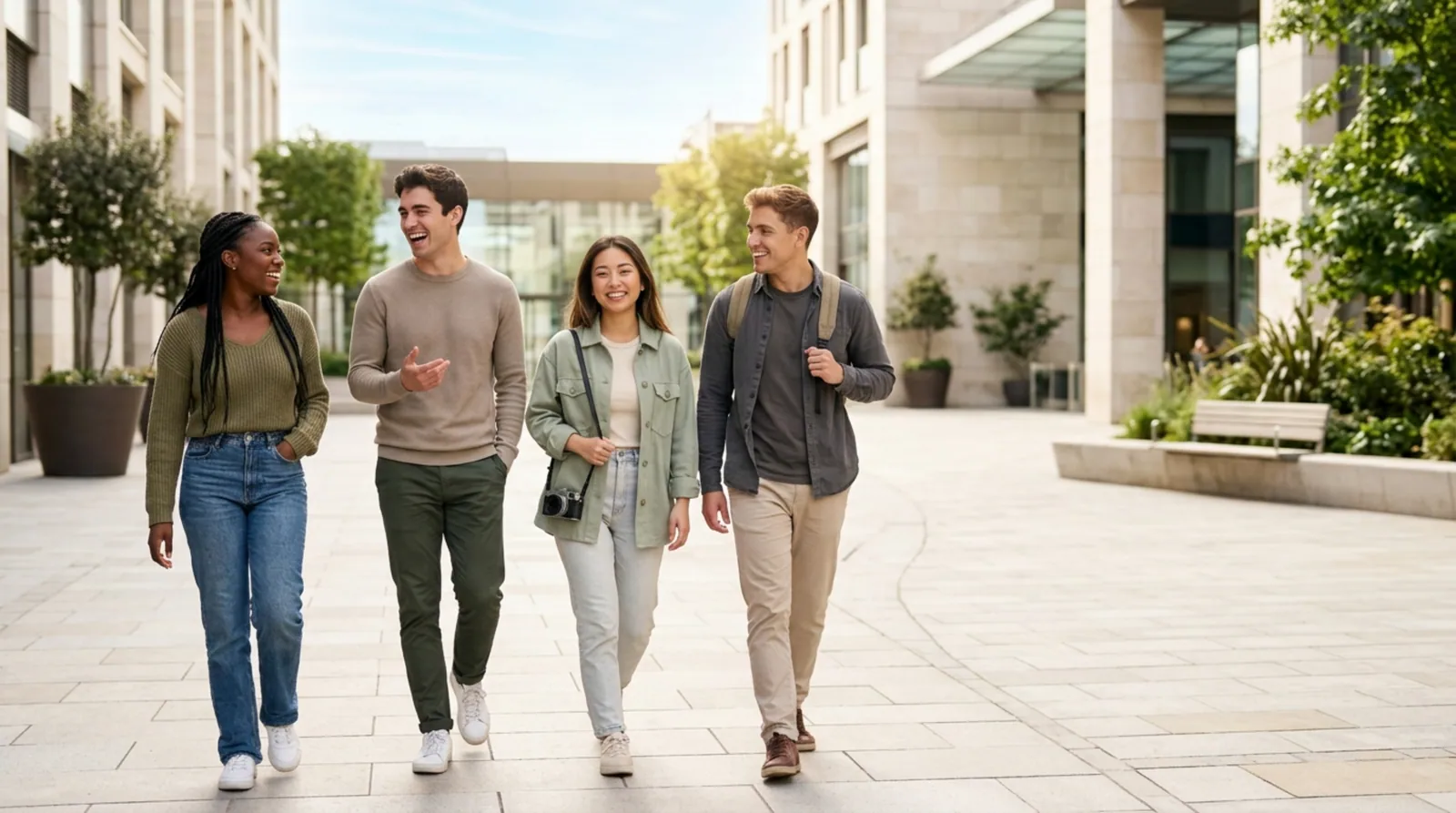 Group of college students walking together across a campus plaza