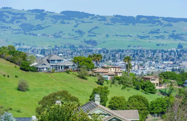 Hillside homes and green hills above a valley town on a sunny day