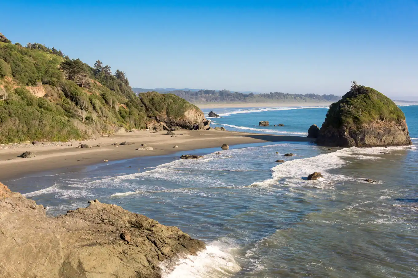 Rocky shoreline and sea stack on the Northern California coast