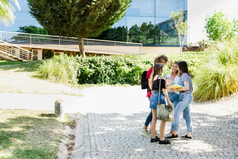 Two students talking on a sunny college campus walkway